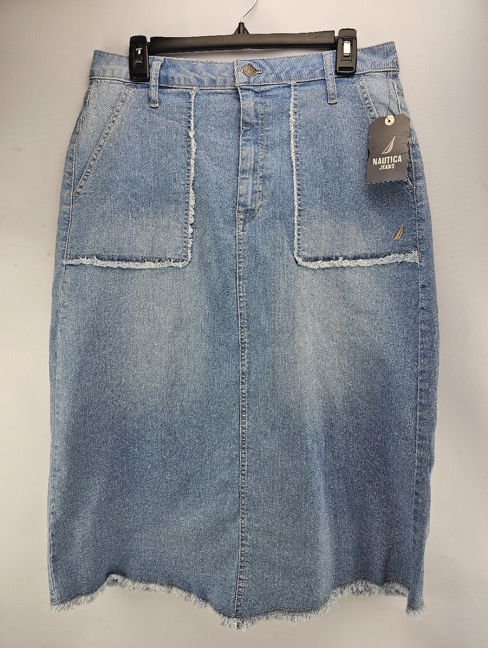 Nautica Women's Light Blue Wash Utility Denim Midi Frayed Edge Skirt Size 12